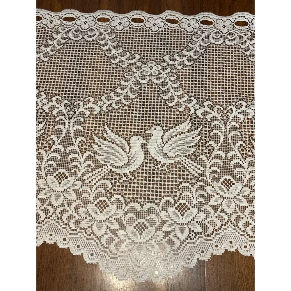 Vintage Lace Curtain Panel With Doves & Floral Design White Polyester Home Decor